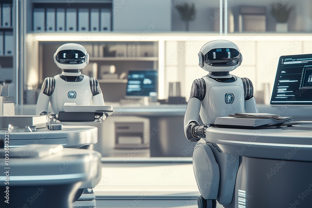 Poster office automation: two friendly robots diligently work in a modern, sleek office setting. a futurist