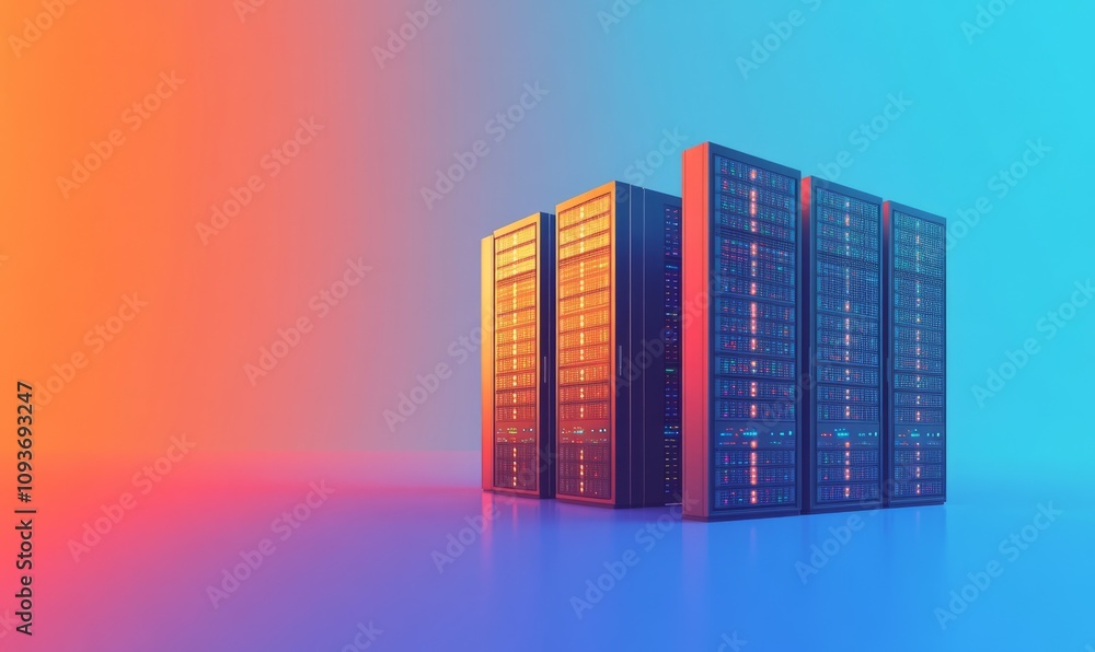 Poster different perspective of server in a row. gradient blue and orange background