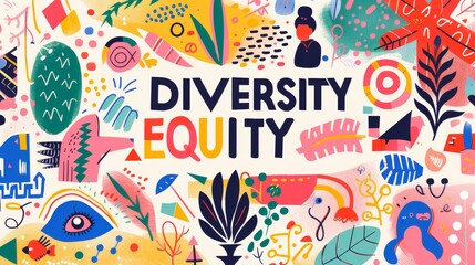 An inspiring digital artwork featuring the words DIVERSITY EQUITY Inclusion creatively integrated into a vibrant and dynamic design, The words are surrounded by a diverse array of symbols and icons