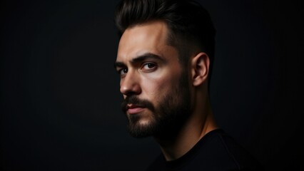 Obraz premium A man with neat small beard styles, illuminated in soft lighting that highlights the facial details and contours.
