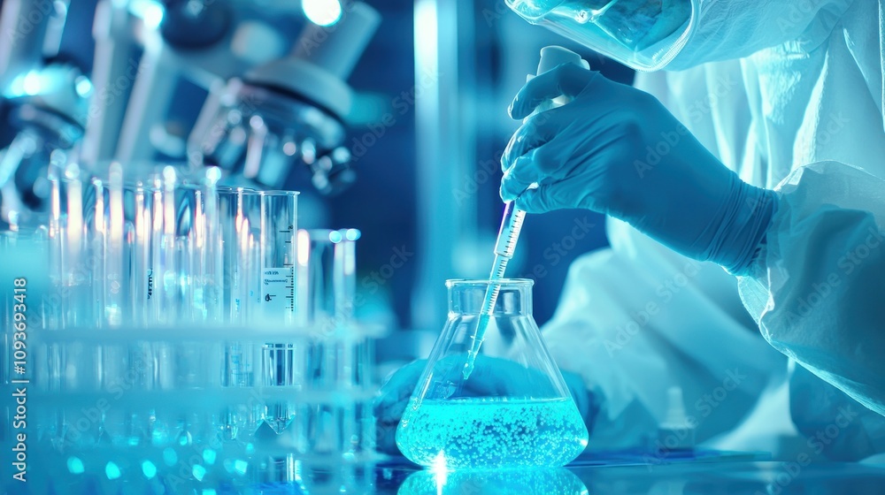 Poster scientist in protective gear dropping liquid into a flask