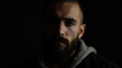 Fototapeta premium A man with refined small beard styles, illuminated with soft shadows and dramatic lighting to create an elegant mood.