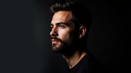 Fototapeta premium A man with stylish small beard styles, lit dramatically to bring out his facial details and sharp lines.