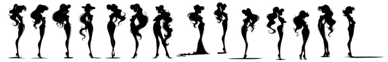 Set of female silhouette poses – elegant black vector illustrations