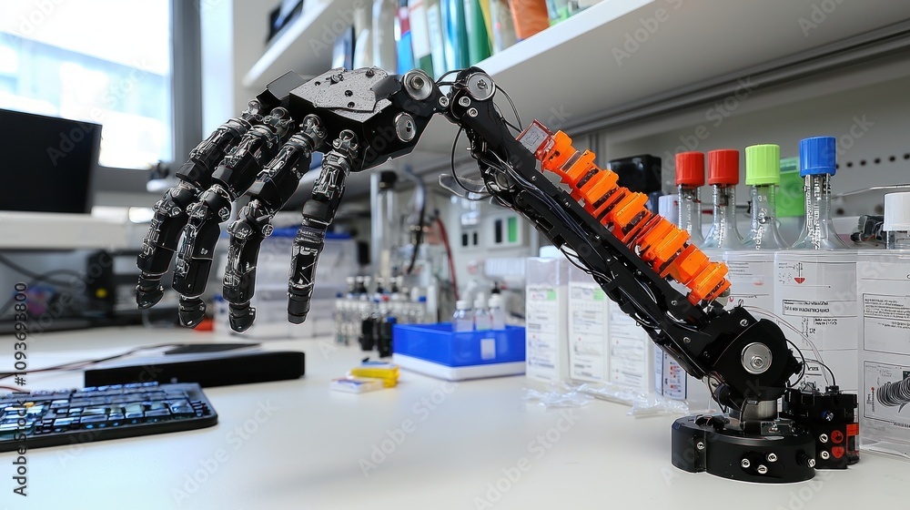 Aufkleber Robotic Arm with Multiple Jointed Fingers in a Lab Setting