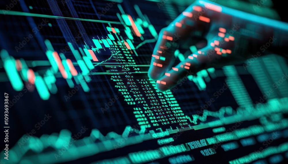 Poster A Hand Interacting with a Stock Market Chart Displayed on a Screen