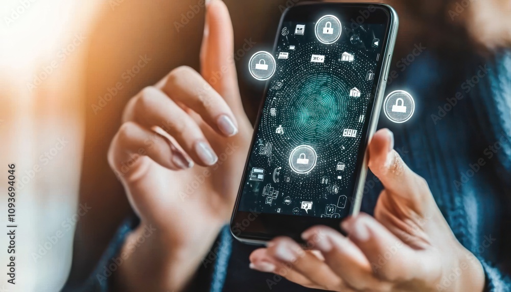 Poster person using smartphone with cybersecurity icons and fingerprint scanner