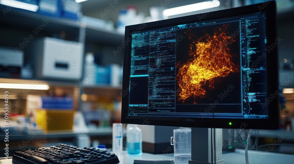 Poster A Computer Screen Showing a Network Visualization with Orange and Black Hues in a Lab Setting