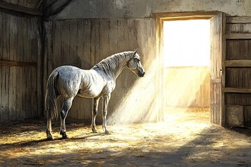White horse standing in stable looking at the open door with bright sunlight shining through the doorway, creating a peaceful and hopeful atmosphere