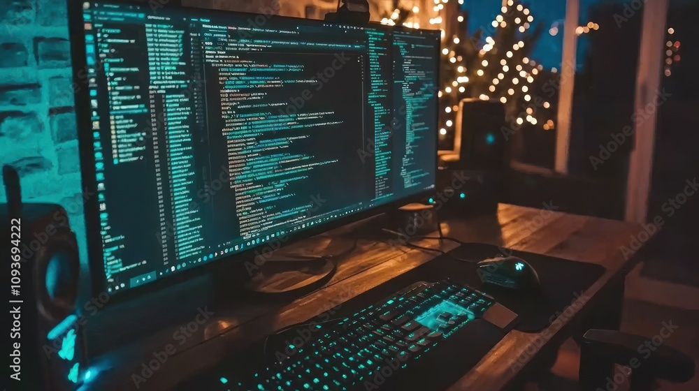 Poster Computer Screen Displaying Green Code with Keyboard and Mouse in the Foreground