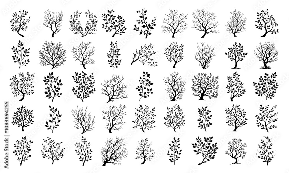 Wall mural Stylized tree branch designs with foliage – artistic black vector collection