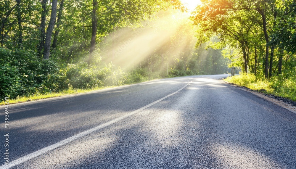 Poster sunbeams illuminating a winding road through a forest