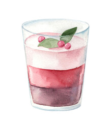 Watercolor illustration of layered dessert with jelly and soufflé in glass with berries and mint. Hand drawn sweet drawing for cafe design