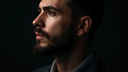 Fototapeta premium A dramatic portrait capturing the elegance of small beard styles, with lighting enhancing the clean lines and features.