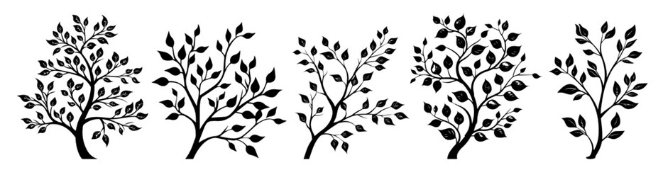 Stylized tree branch designs with foliage – artistic black vector collection