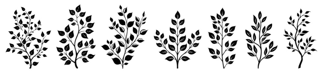 Stylized tree branch designs with foliage – artistic black vector collection