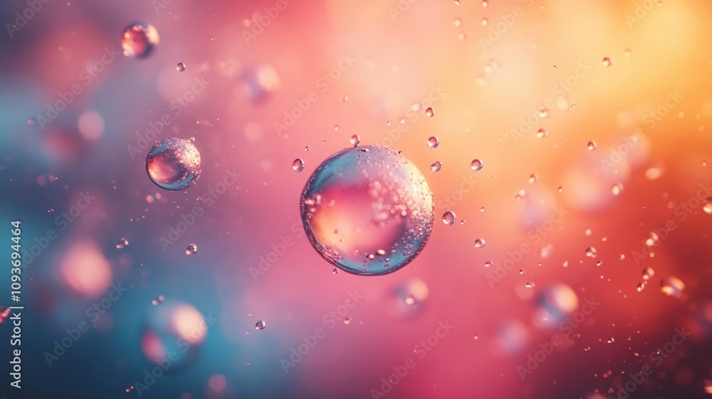 Poster abstract colorful spheres and droplets floating in vibrant background.