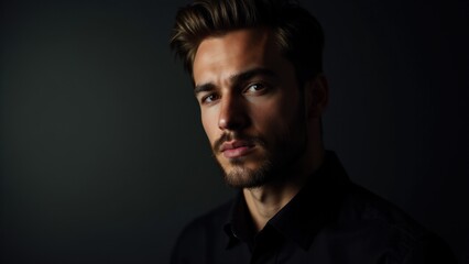 Obraz premium A refined image of a man with small beard styles, illuminated by soft, focused lighting to enhance his facial features.