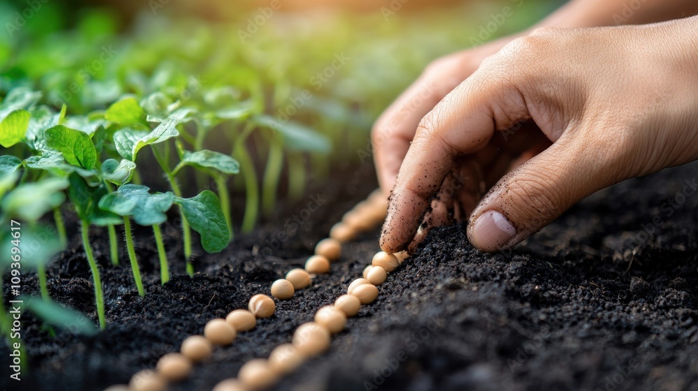 Poster hand planting seeds in a row in dark soil with green sprouts behind