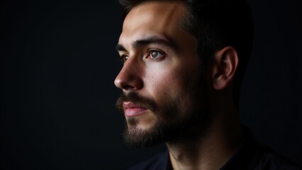 Obraz premium A well-lit portrait of a man showcasing small beard styles, with dramatic lighting that enhances his sharp features.