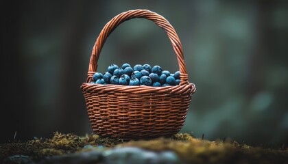 A Wicker Basket Overflowing with Freshly Picked Blueberries