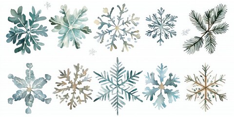 Watercolor Illustration of Blue and Brown Snowflakes and Pine Branch