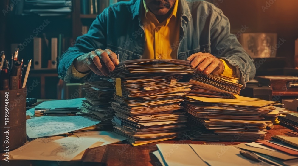 Poster a man searching through a large stack of documents