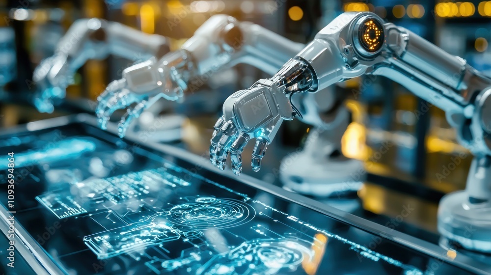 Aufkleber Robotic Arms Interacting with a Digital Interface