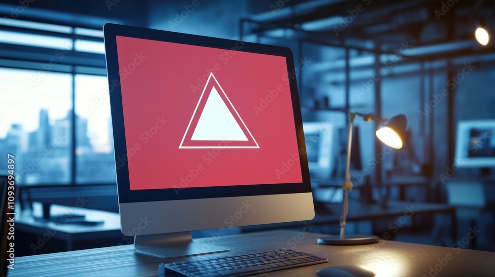 Fototapete computer displaying red triangle warning symbol in modern workspace with desk lamp