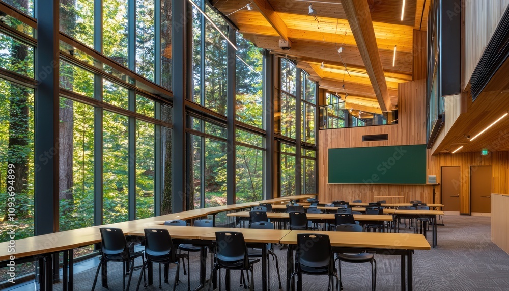 Poster Classroom with large windows overlooking a forest