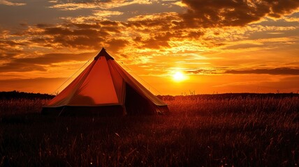 Tent in field during vibrant sunset with orange sky and clouds