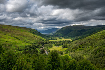 Corrieshalloch Gorge National Nature Reserve With River Through Pasture Valley And Loch Broom In...