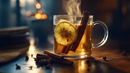 A steaming hot toddy with lemon slices cinnamon sticks and cloves in a glass mug.