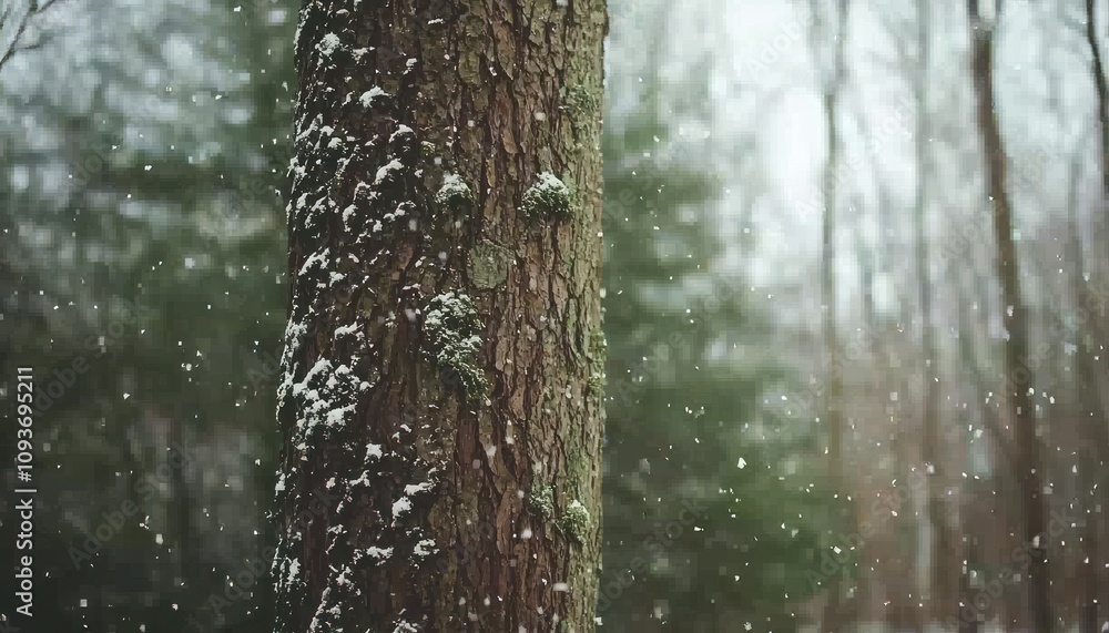 Poster Snow falling on a tree trunk in a forest