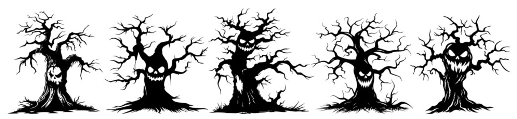 Haunted tree illustrations – twisted branches and glowing faces vector set