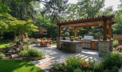 Naklejka premium Backyard landscape design with outdoor living feature like an outdoor kitchen