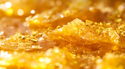 A sweet baklava dessert layered with crispy phyllo dough honey and crushed pistachios.
