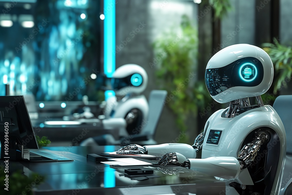 Poster ai assistants at work: futuristic robots efficiently work at sleek office desks, showcasing seamless