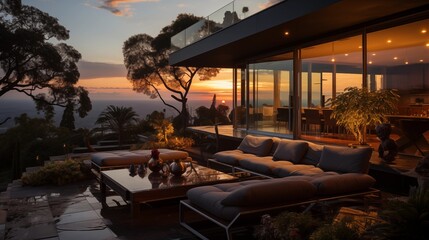 Obraz premium Contemporary home with patio panoramic view and practical outdoor