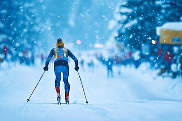 Professional skier competing in a cross-country skiing race pushing through snowy conditions with blurred spectators in background