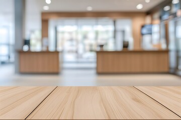 Blurred background of a bank branch with a focus on a wooden table, showcasing a sleek and professional surface for customer service interactions in a modern financial setting