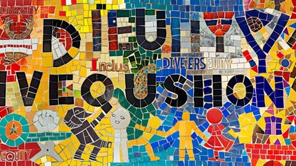Obraz premium An inspiring mosaic with the words DIVERSITY EQUITY Inclusion creatively incorporated into a vibrant and dynamic design, The words are surrounded by a diverse array of symbols and icons