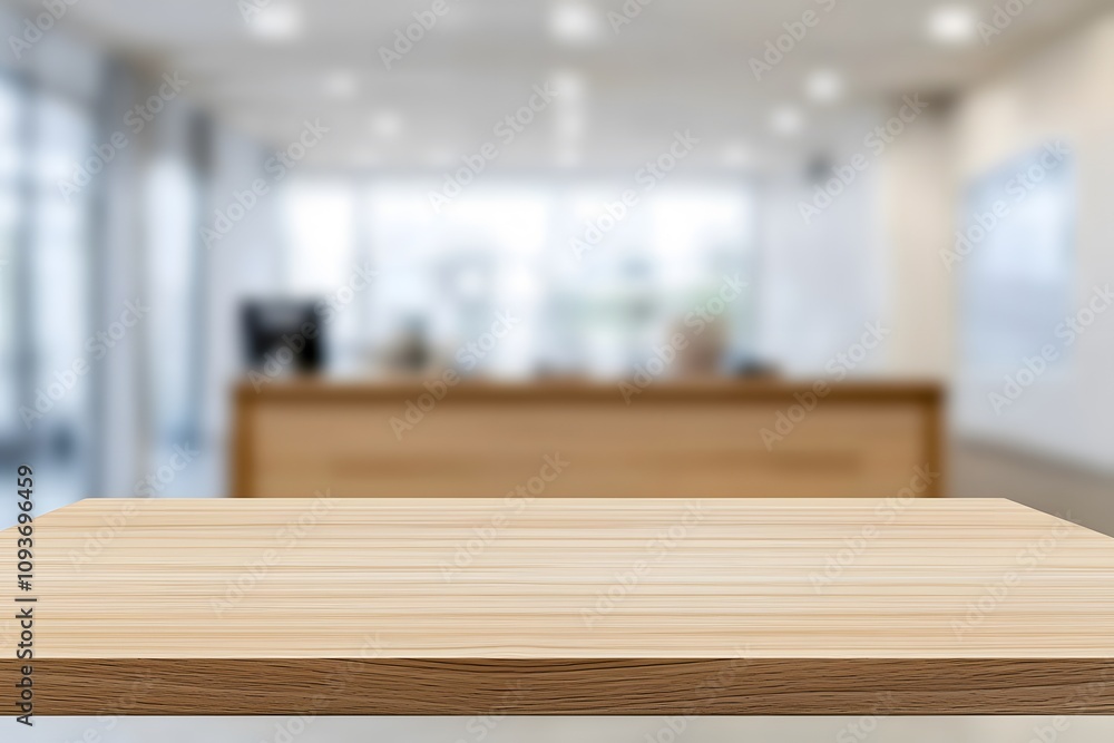 Poster blurred background of a bank branch with a focus on a wooden table, showcasing a sleek and professio