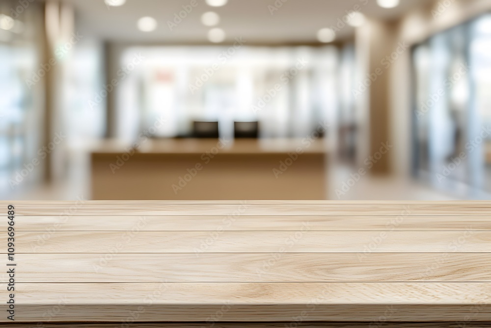 Poster blurred background of a bank branch with a focus on a wooden table, showcasing a sleek and professio