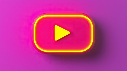 music player audio and interactive concept, A vibrant, neon-colored play button icon, symbolizing video content and digital media, set against a purple background.