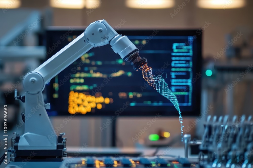 Poster robotic arm performing precise tasks in a modern laboratory setting