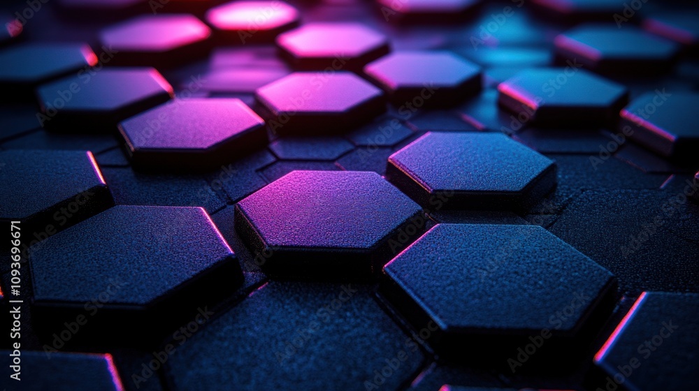 Poster abstract hexagonal pattern with neon lighting.