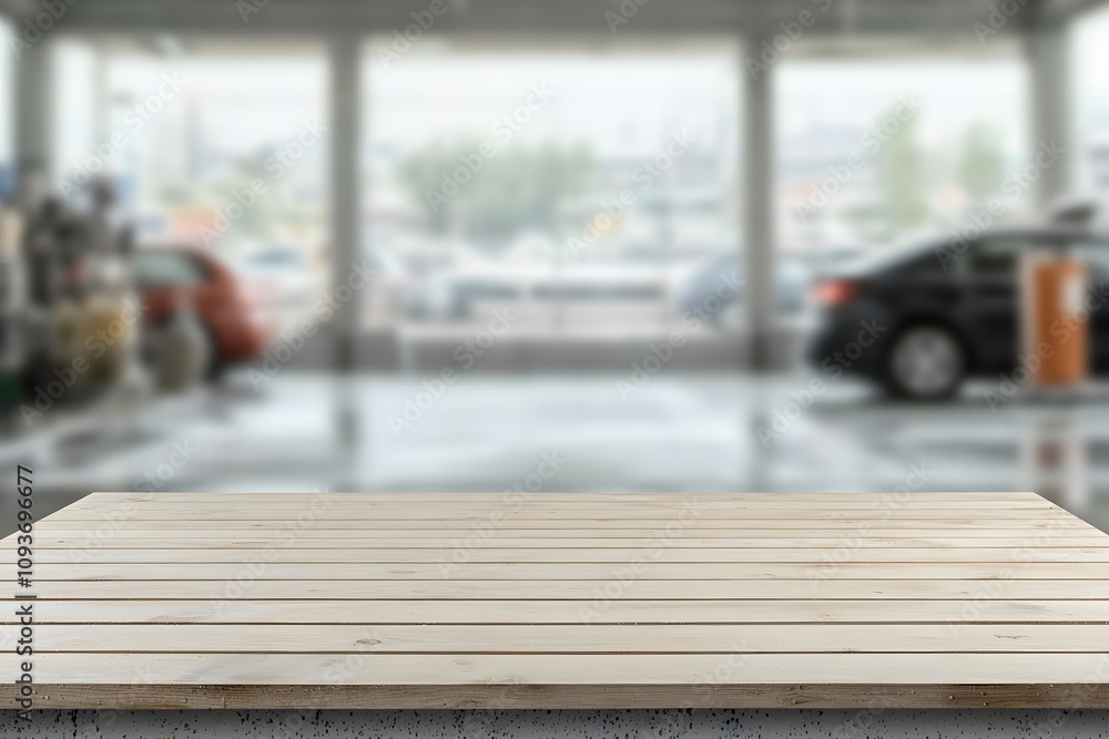 Poster blurred background of a bank branch with a focus on a wooden table, showcasing a sleek and professio
