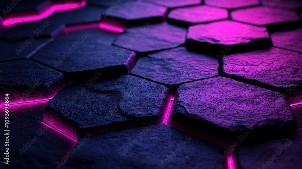 Poster abstract hexagonal stone texture with neon pink light.