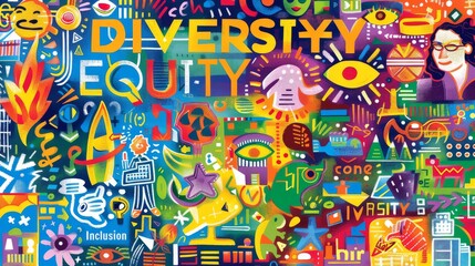 Obraz premium An inspiring mosaic with the words DIVERSITY EQUITY Inclusion creatively incorporated into a vibrant and dynamic design, The words are surrounded by a diverse array of symbols and icons